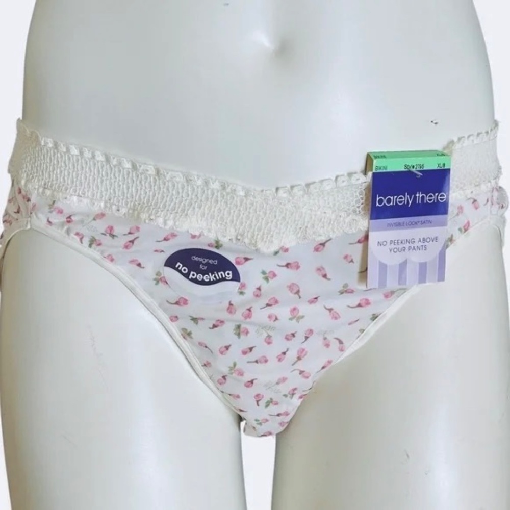 NWT Vintage Barely There Nylon Bikini Panty XL 8 Pink White Rosebud Lace Trim